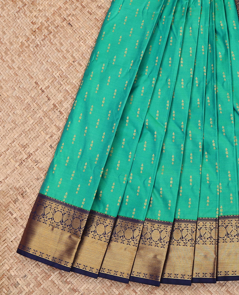 Green Budget Silk Saree, Embellished with Zari Buttas All Over Its Body, Complemented by a Contrast Traditional Zari Design Border, Grand Pallu, and Paired with a Contrast Blouse