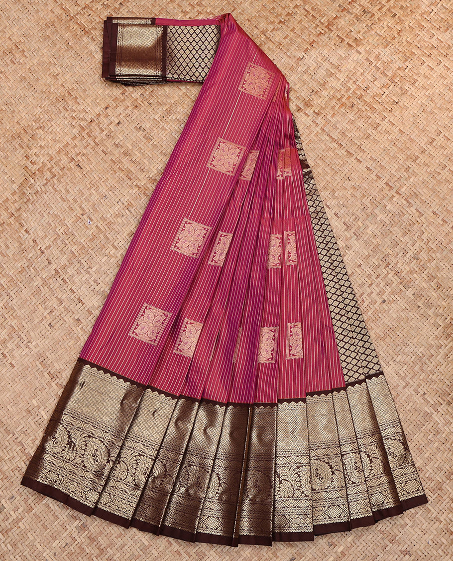 Reddish Pink Budget Silk Saree, Elevated with Square Buttas and Stripes, Complemented by Contrast Traditional Zari Border, Jaal Pallu and a Contrast Blouse