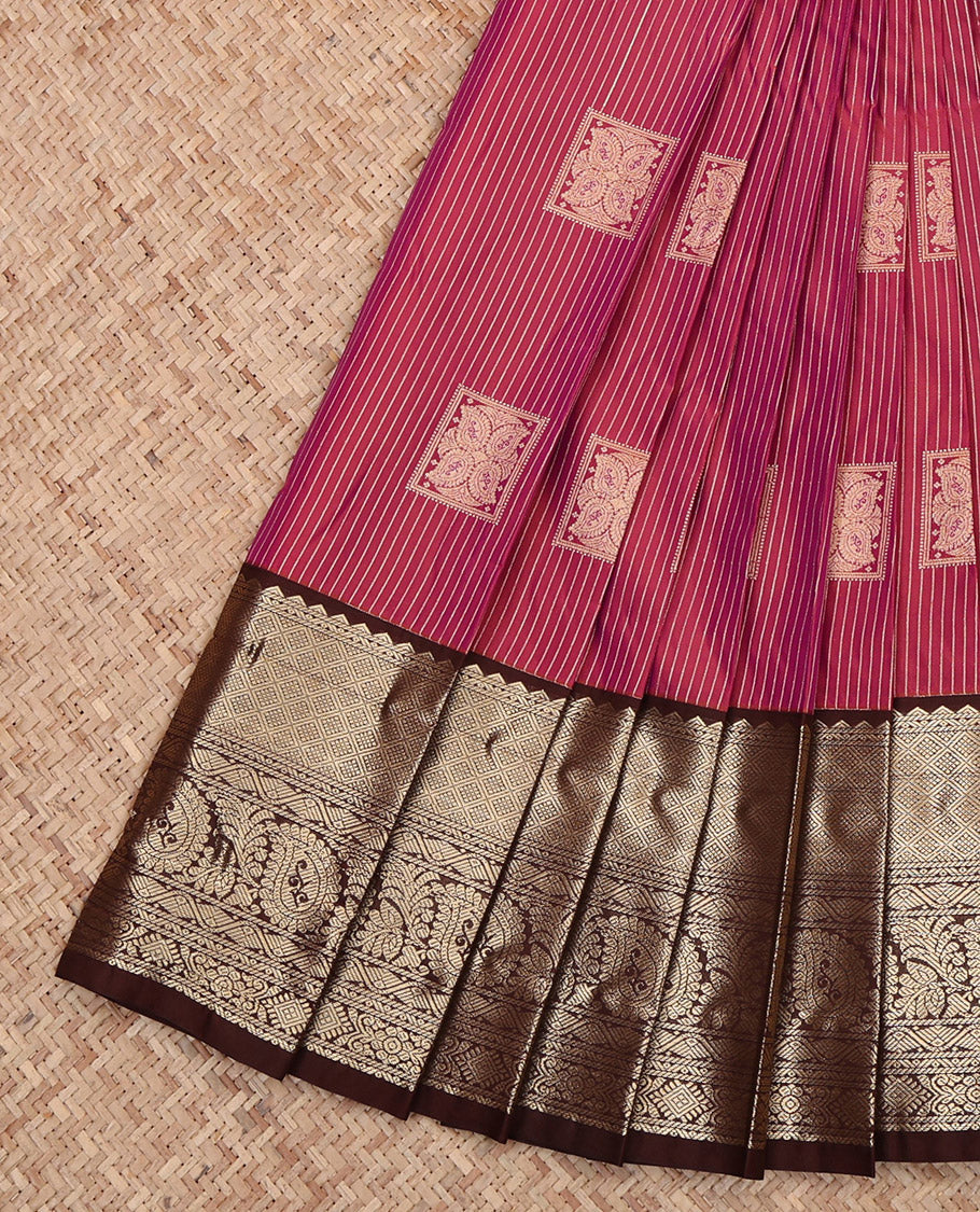 Reddish Pink Budget Silk Saree, Elevated with Square Buttas and Stripes, Complemented by Contrast Traditional Zari Border, Jaal Pallu and a Contrast Blouse