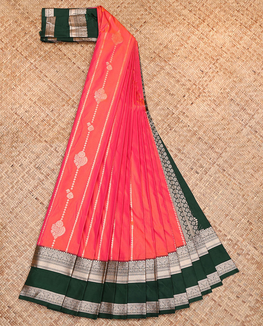 Orange Budget Silk Saree, Elevated with Zari Buttas, Complemented by a Contrast Traditional Zari Rettai Pettu Border, Grand Jaal Pallu, and a Contrast Blouse