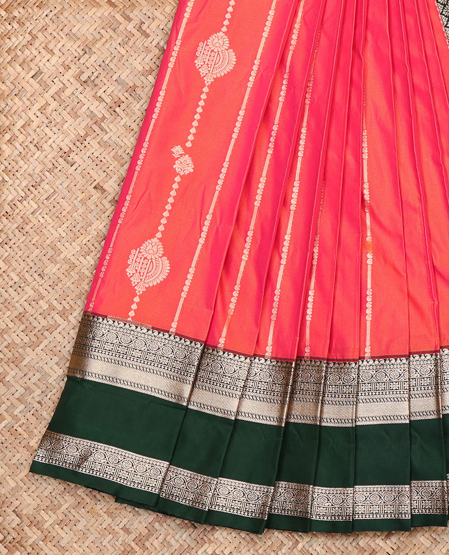 Orange Budget Silk Saree, Elevated with Zari Buttas, Complemented by a Contrast Traditional Zari Rettai Pettu Border, Grand Jaal Pallu, and a Contrast Blouse