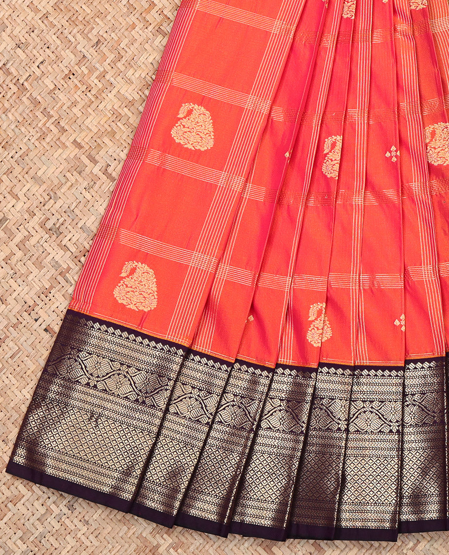 Orange Budget Silk Saree, Accentuated with Zari Butta Enclosed Checks, Complemented by a Contrast Traditional Zari Border, Grand Pallu, and a Contrast Blouse