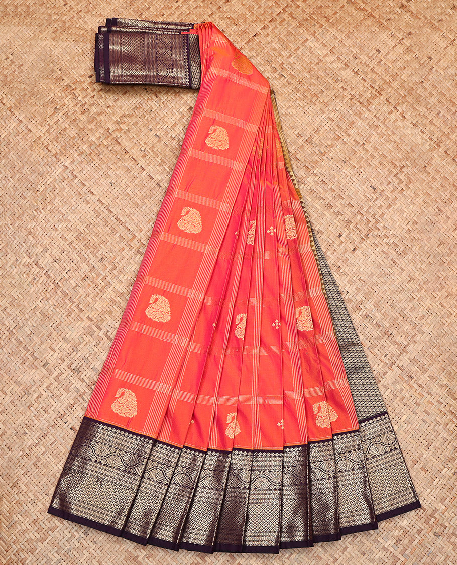 Orange Budget Silk Saree, Accentuated with Zari Butta Enclosed Checks, Complemented by a Contrast Traditional Zari Border, Grand Pallu, and a Contrast Blouse