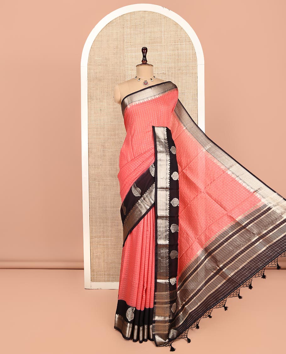Peach Assam Silk Saree, Detailed with Zari Checks, Complemented by a Contrast Traditional Zari Design Border, Zari Striped Pallu, and a Contrast Blouse