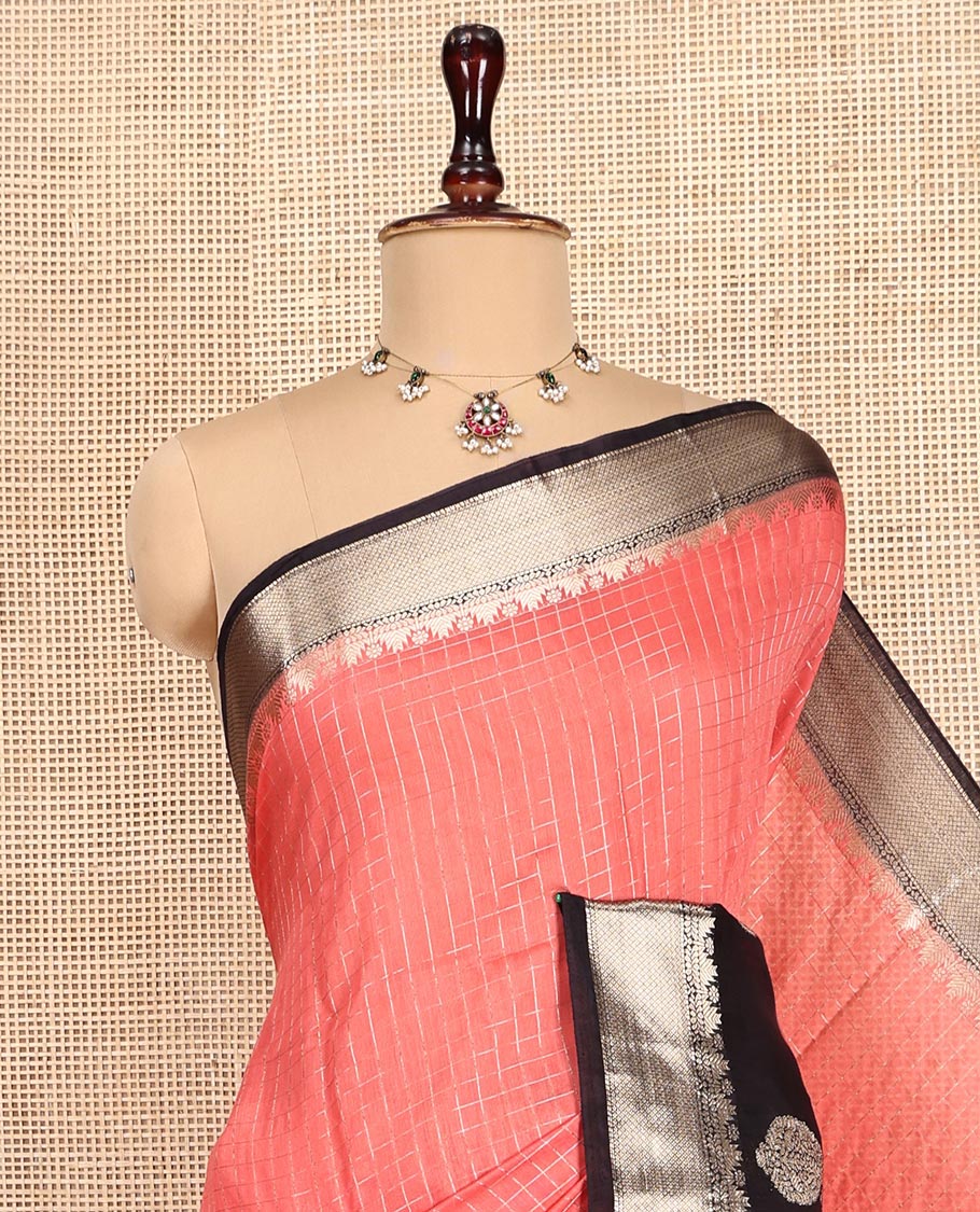 Peach Assam Silk Saree, Detailed with Zari Checks, Complemented by a Contrast Traditional Zari Design Border, Zari Striped Pallu, and a Contrast Blouse