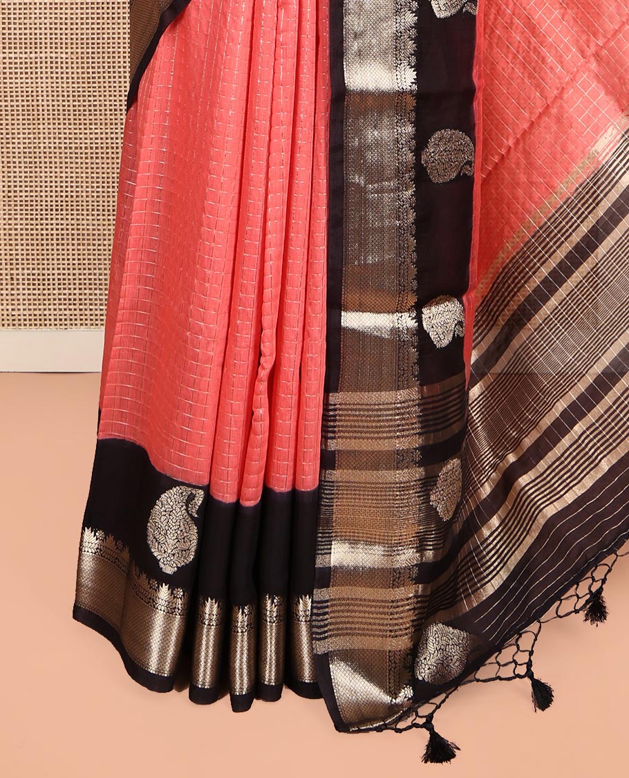 Peach Assam Silk Saree, Detailed with Zari Checks, Complemented by a Contrast Traditional Zari Design Border, Zari Striped Pallu, and a Contrast Blouse