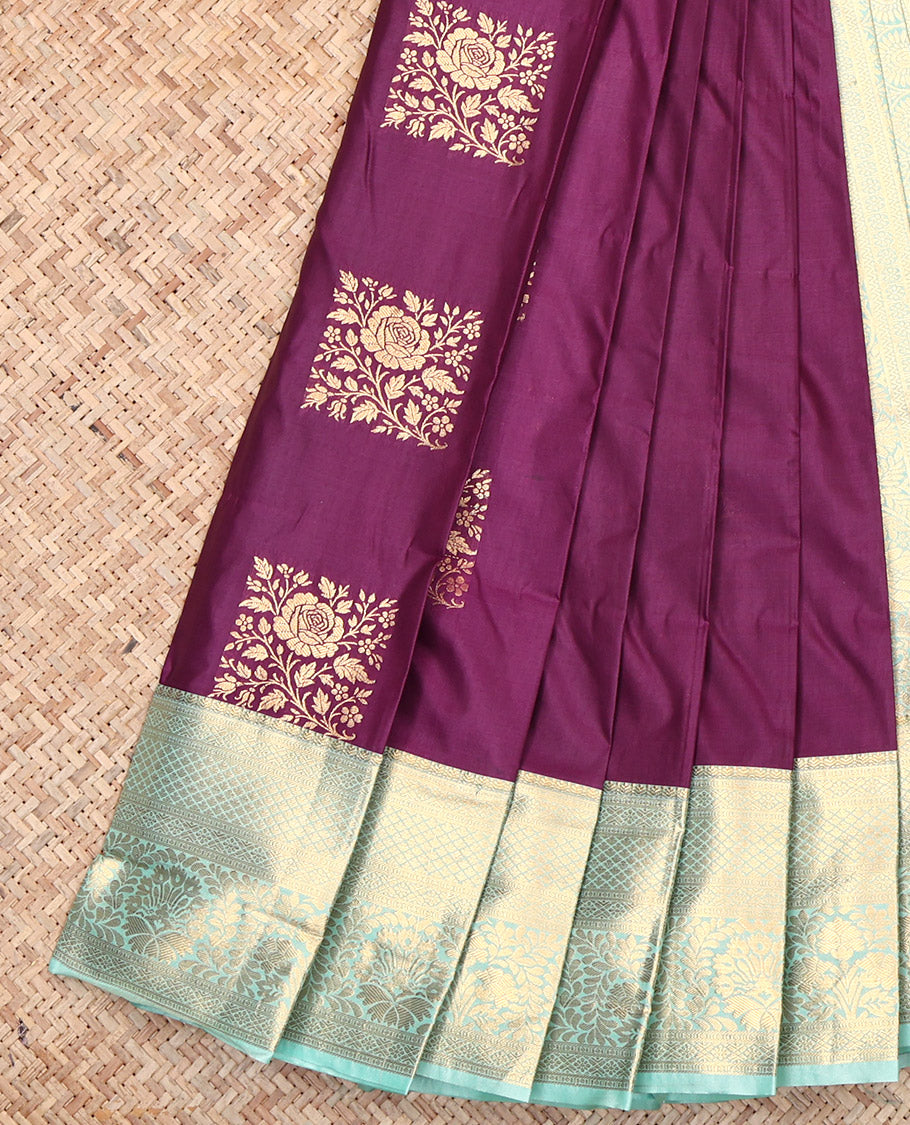 Purple Budget Silk Saree, Embellished with Zari Buttas, Contrast Traditional Zari Border, Intricately Designed Pallu, and a Contrast Blouse