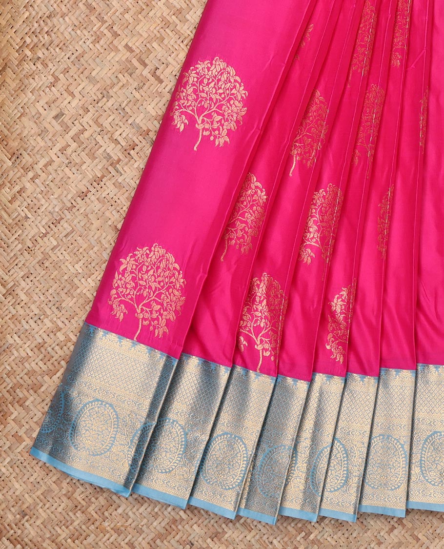 Pink Budget Silk Saree Showcasing Tree Motifs, Complemented by Contrast Traditional Zari Border, Grand Pallu and Contrast Blouse