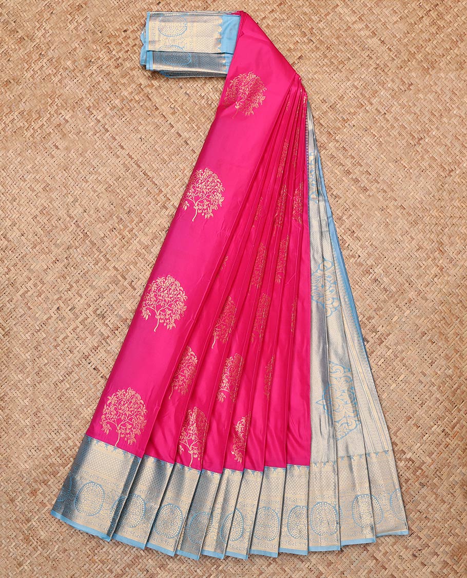 Pink Budget Silk Saree Showcasing Tree Motifs, Complemented by Contrast Traditional Zari Border, Grand Pallu and Contrast Blouse