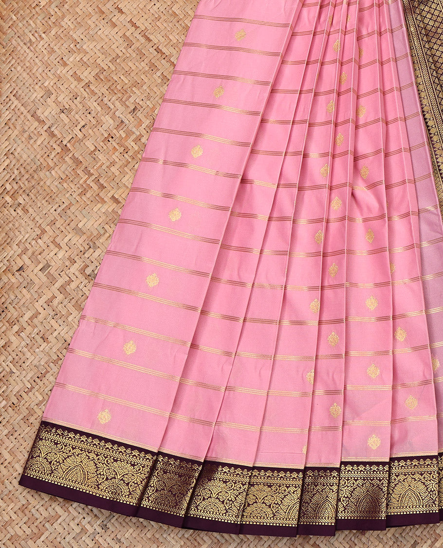 Pink Budget Silk Saree, Enthralled with Zari Buttas and Stripes, Complemented by Contrast Traditional Zari Border, Geometric Pallu, and a Contrast Blouse