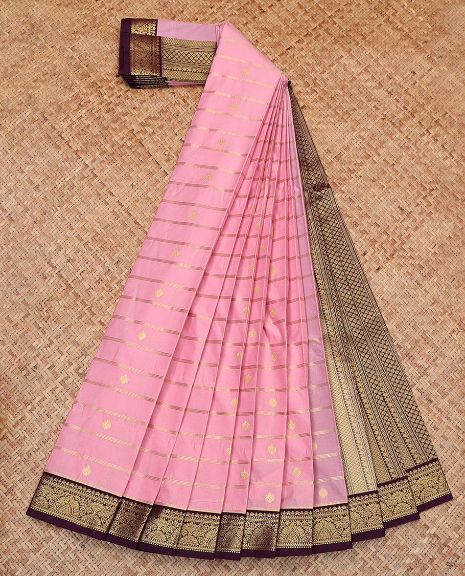 Pink Budget Silk Saree, Enthralled with Zari Buttas and Stripes, Complemented by Contrast Traditional Zari Border, Geometric Pallu, and a Contrast Blouse