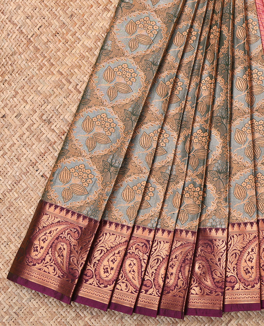 Grey Budget Silk Saree, Elevated with Jacquard Weave, Complemented by Contrast Paisley Border, Grand Paisleys Woven Pallu and Contrast Blouse