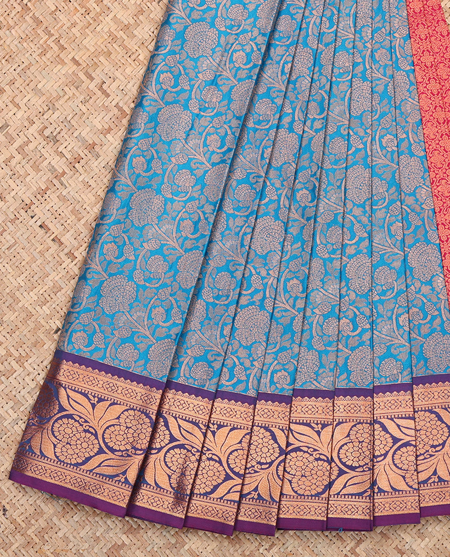 Blue Budget Silk Saree, Adorned with Floral Jacquard, Complemented by Contrast Floral Creeper Border, Grand Pallu and a Contrast Blouse