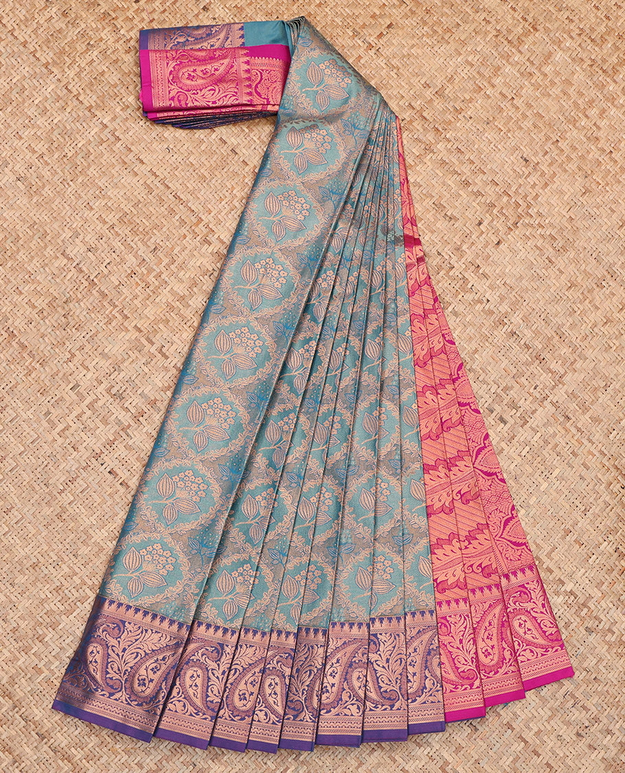 Blue Budget Silk Saree, Decorated with Floral Jacquard, Complemented by Contrast Paisley Zari Border, Intricate Pallu, and a Contrast Blouse