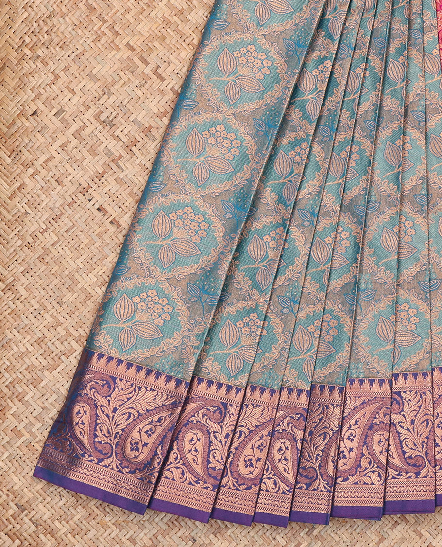 Blue Budget Silk Saree, Decorated with Floral Jacquard, Complemented by Contrast Paisley Zari Border, Intricate Pallu, and a Contrast Blouse