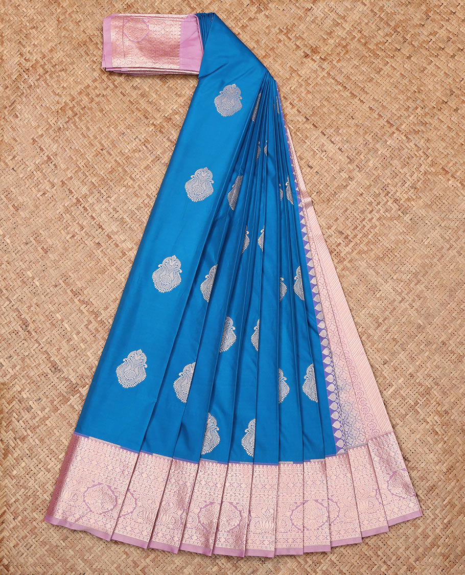 Blue Budget Silk Saree, Detailed with Zari Buttas, Complemented by a Contrast Traditional Zari Border, Grand Pallu, and Contrast Blouse