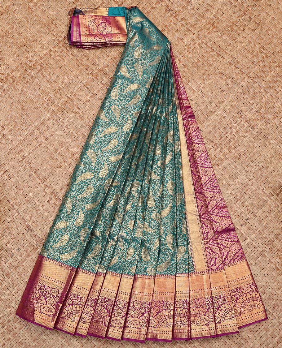 Green Budget Silk Saree, Decorated with Jacquard, Complemented by a Contrast Traditional Zari Border, Grand Pallu, and a Contrast Blouse