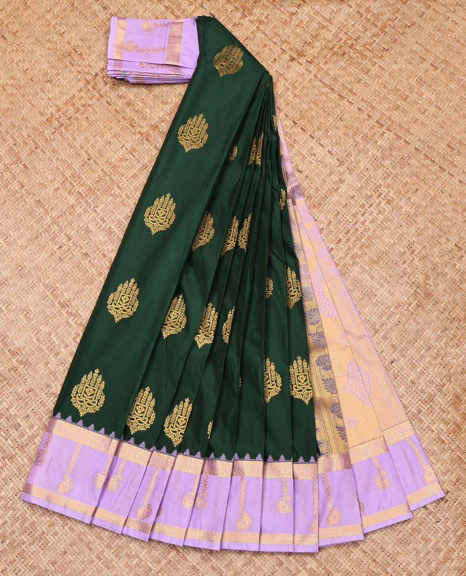 Green Budget Silk Saree, Subtly Enriched with Zari Buttas, Complemented by a Contrast Traditional Zari Border, Grand Pallu, and Contrast Blouse