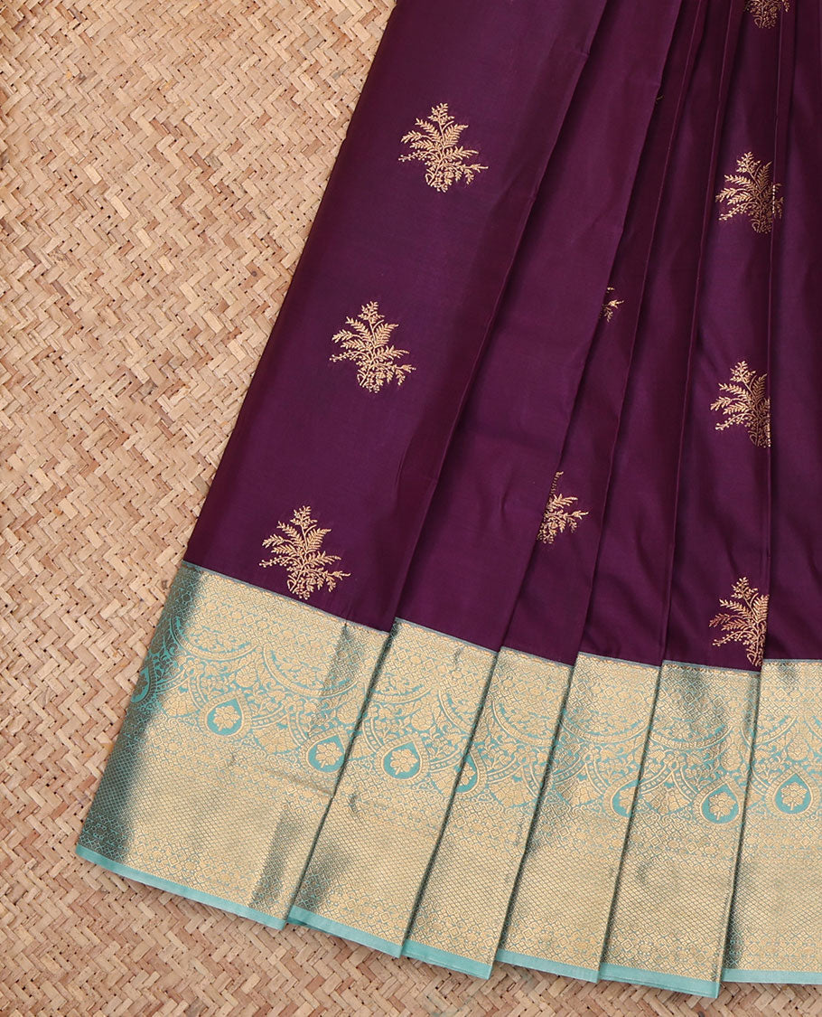 Purple Budget Silk Saree, Graced with Zari Buttas, Complemented by a Contrast Traditional Zari Border, Grand Pallu, and a Contrast Blouse