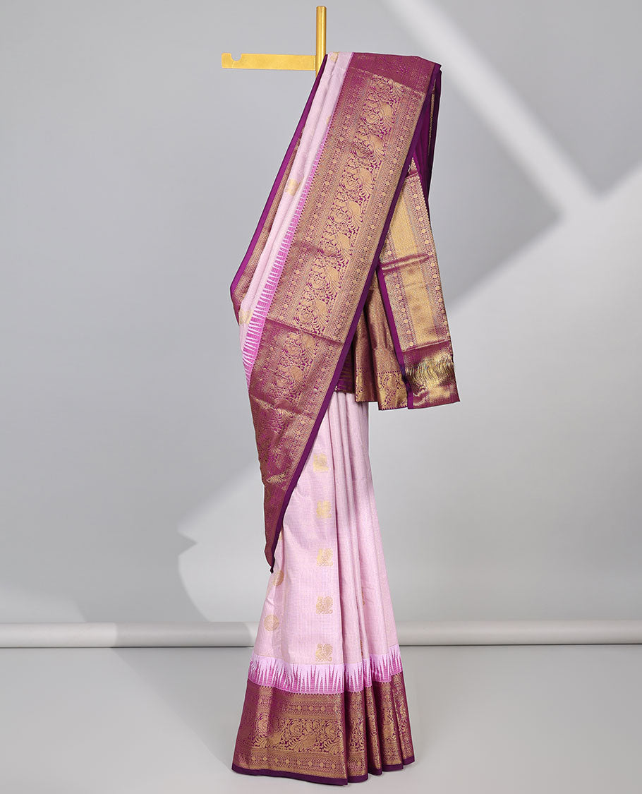 Lavender floral motifs budget silk saree with contrast zari design border & zari jaal design pallu