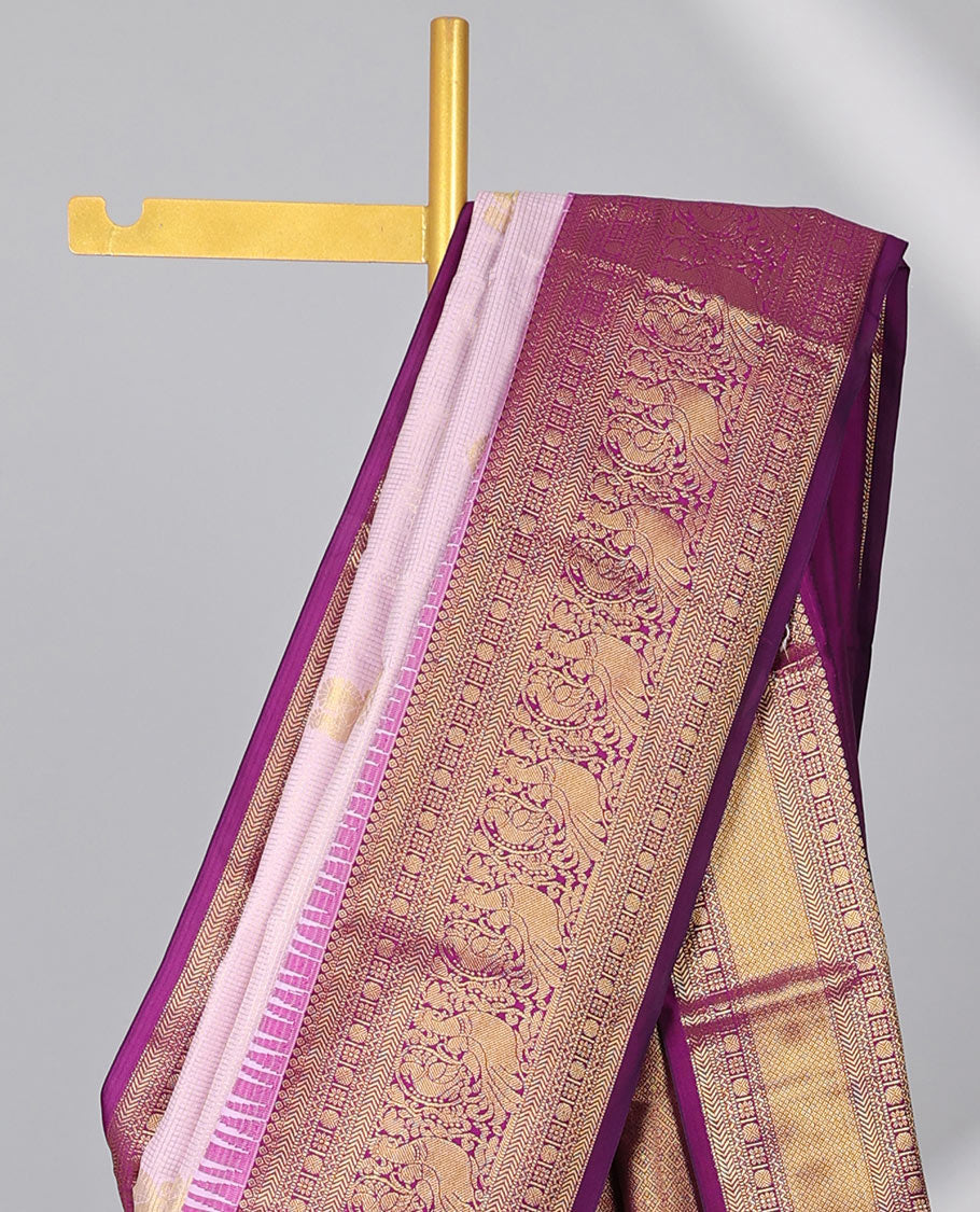 Lavender floral motifs budget silk saree with contrast zari design border & zari jaal design pallu