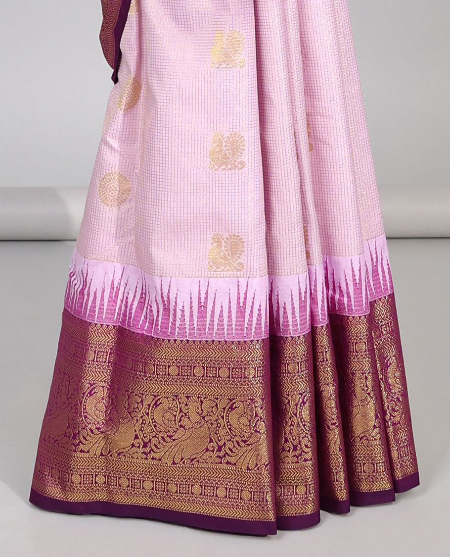 Lavender floral motifs budget silk saree with contrast zari design border & zari jaal design pallu