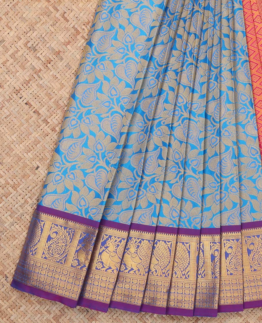 Blue Budget Silk Saree, Accentuated with Floral Vine Design, Complemented by Contrast Peacock and Paisley Zari Border, a Jaal Pallu and a Contrast Blouse
