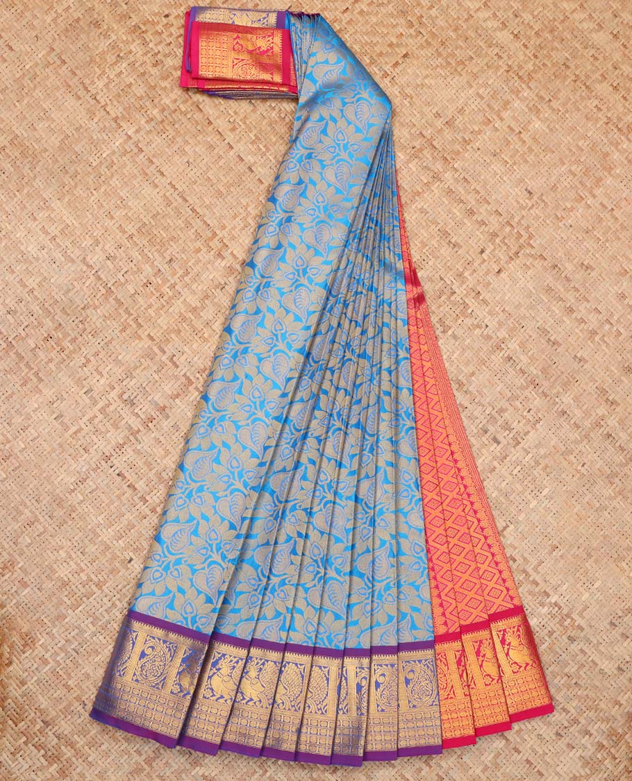 Blue Budget Silk Saree, Accentuated with Floral Vine Design, Complemented by Contrast Peacock and Paisley Zari Border, a Jaal Pallu and a Contrast Blouse