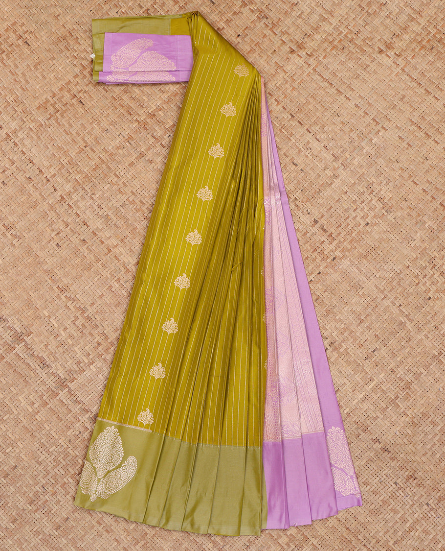 Green Budget Silk Saree, Subtly Sparkled with Zari Buttas and Stripes, Complemented by a Contrast Zari Motif Border, Intricate Pallu, and a Contrast Blouse