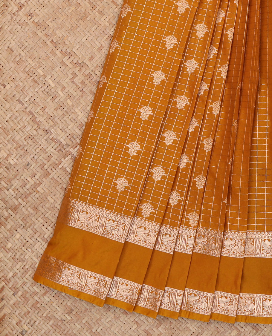 Mustard Budget Silk Saree, Bedecked with Zari Buttas and Checks, a Zari Rettai Pettu Traditional Border, Grand Pallu, and a Contrast Blouse