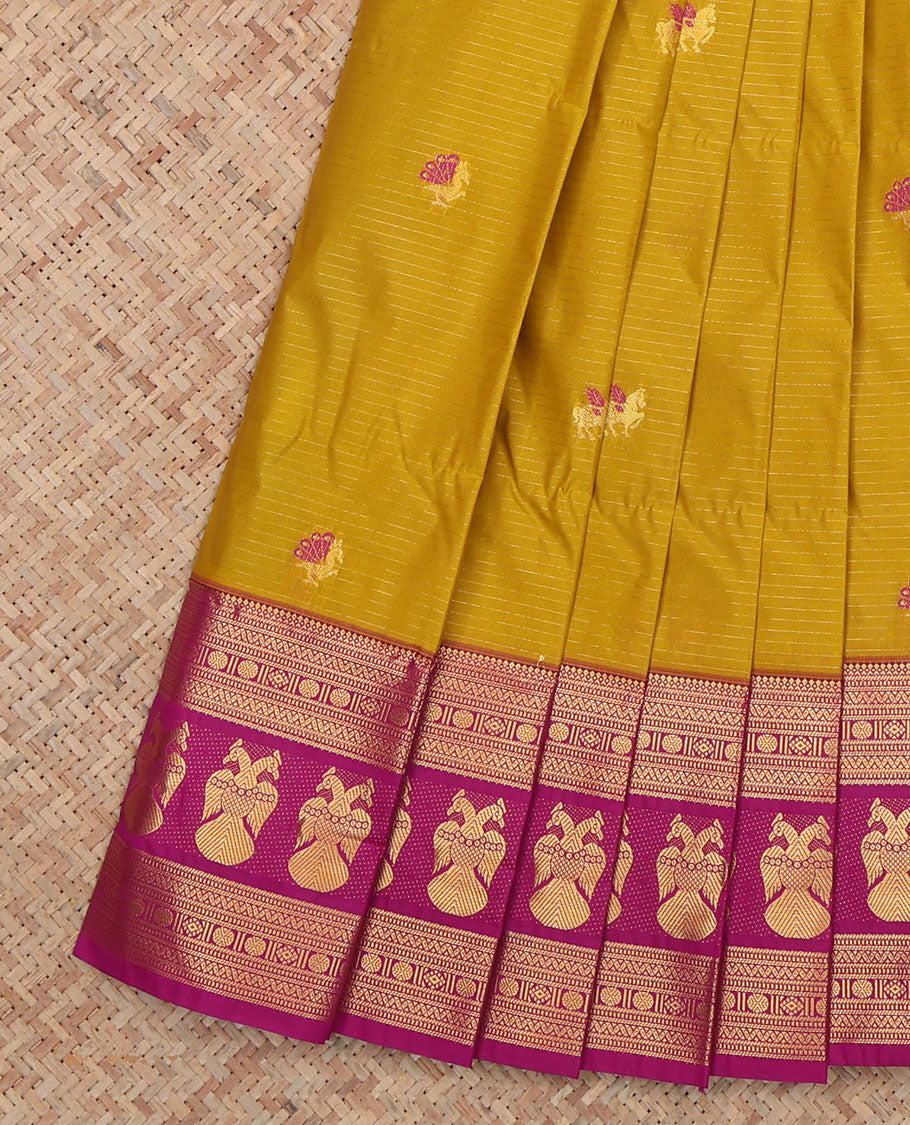Yellow Budget Silk Saree, Highlighted by Horse-Buttas and Stripes, a Contrast Iruthalai Pakshi Zari Border, a Jaal Pallu and a Contrast Blouse