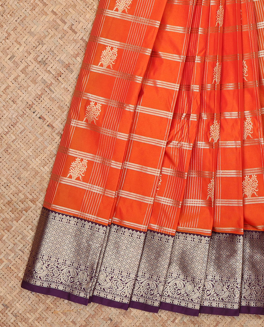 Orange Budget Silk Saree, Accentuated with Zari Buttas and Stripes, Complemented by Contrast Traditional Zari Border, a Jaal Pallu and a Contrast Blouse
