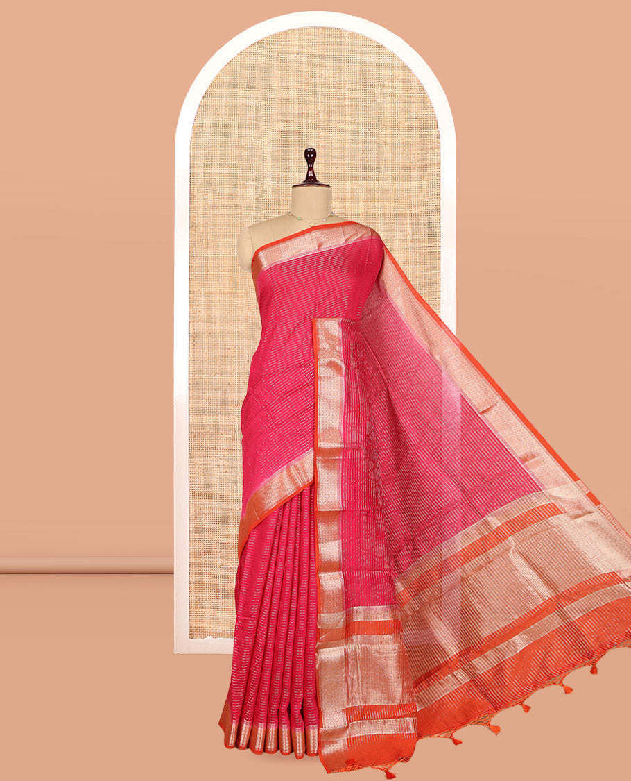 Pink Assam Silk Saree, Embellished with Zari Stripes, Complemented by Contrast Jaal Zari Design Border, Zari Woven Pallu, and Contrast Blouse