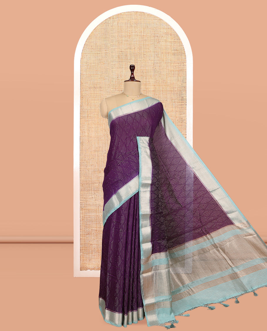Purple Assam Silk Saree, Elevated with Zari Stripes, Complemented by Contrast Jaal Design Zari Border, Zari Woven Pallu, and Contrast Blouse