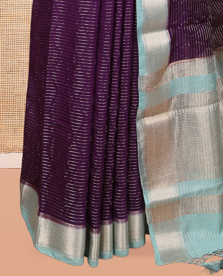 Purple Assam Silk Saree, Elevated with Zari Stripes, Complemented by Contrast Jaal Design Zari Border, Zari Woven Pallu, and Contrast Blouse