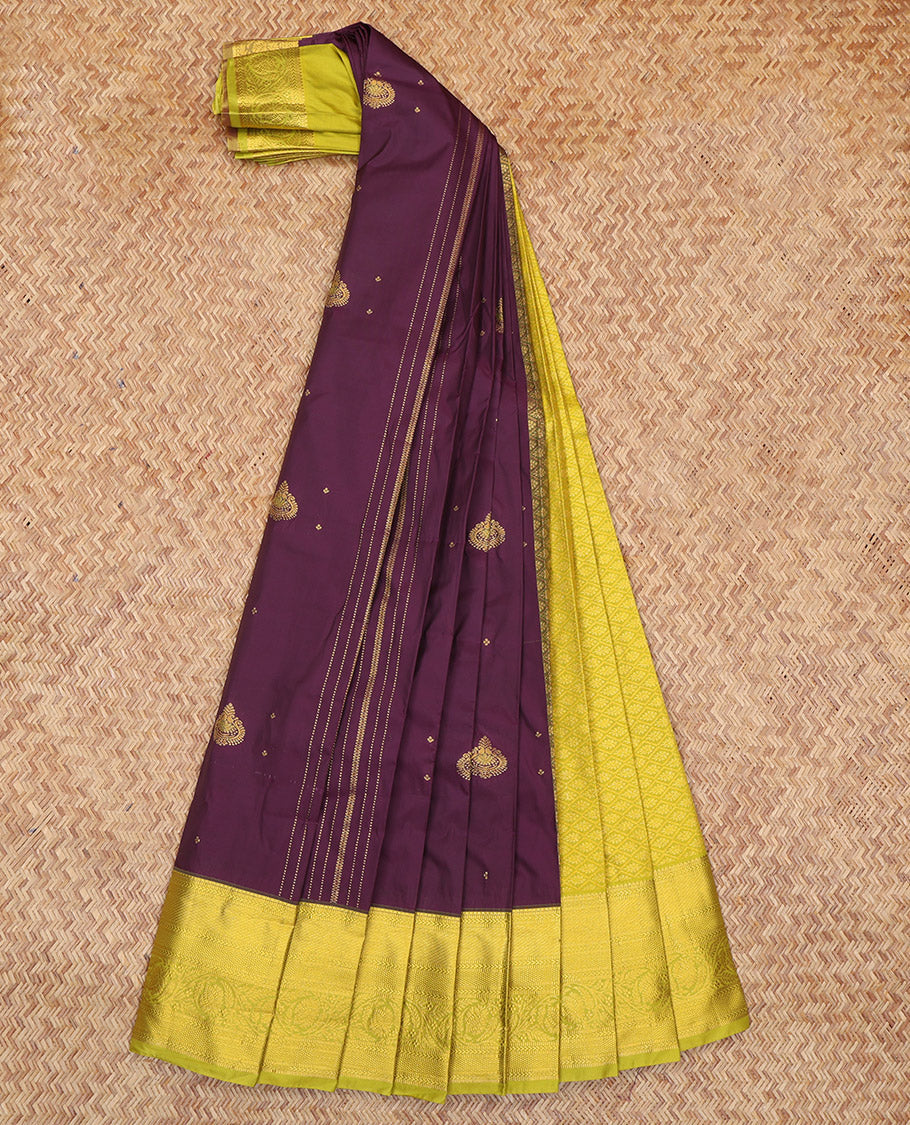 Wine Budget Silk Saree, Accentuated with Zari Buttas and Stripes, Complemented by a Contrast Traditional Zari Border, Grand Jaal Pallu, and Contrast Blouse