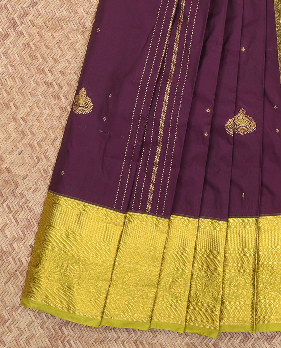 Wine Budget Silk Saree, Accentuated with Zari Buttas and Stripes, Complemented by a Contrast Traditional Zari Border, Grand Jaal Pallu, and Contrast Blouse