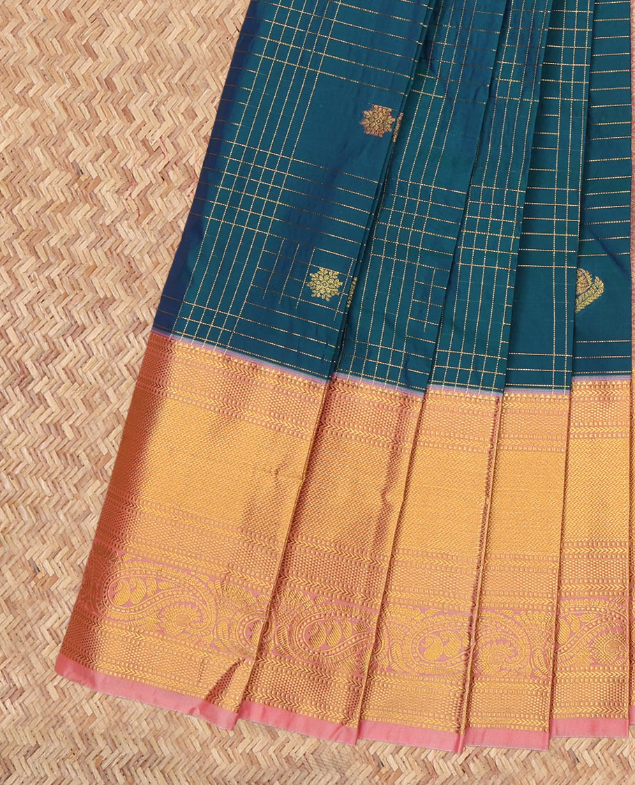 Peacock Blue Budget Silk Saree, Accentuated with Zari Buttas Enclosed Checks, a Contrast Traditional Zari Border, Grand Pallu, and a Contrast Blouse