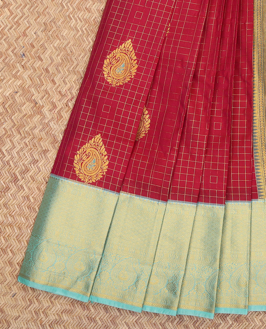 Red Budget Silk Saree, Embellished with Zari Buttas and Checks, a Contrast Traditional Zari Border, Grand Pallu, and a Contrast Blouse