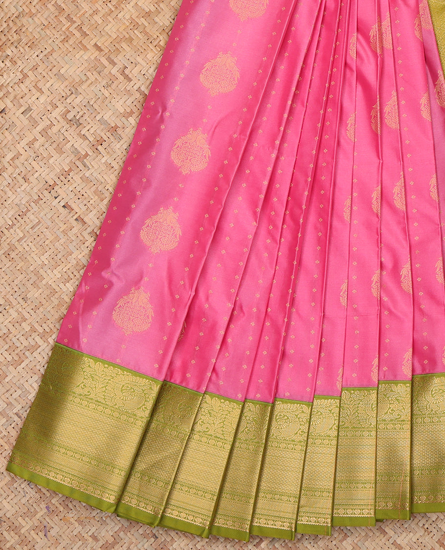 Pink Budget Silk Saree, Adorned with Zari Buttas, a Contrast Traditional Zari Border, Grand Pallu, and a Contrast Blouse