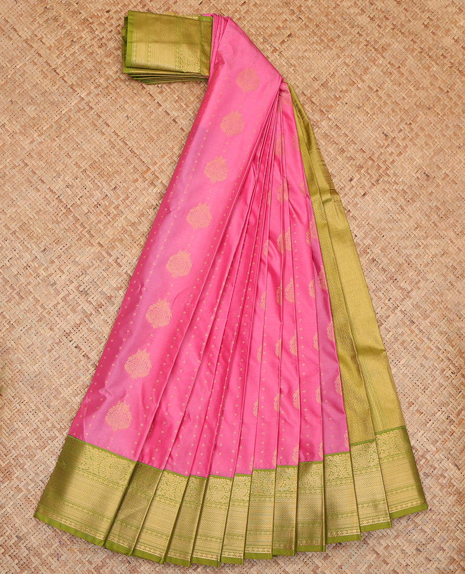 Pink Budget Silk Saree, Adorned with Zari Buttas, a Contrast Traditional Zari Border, Grand Pallu, and a Contrast Blouse