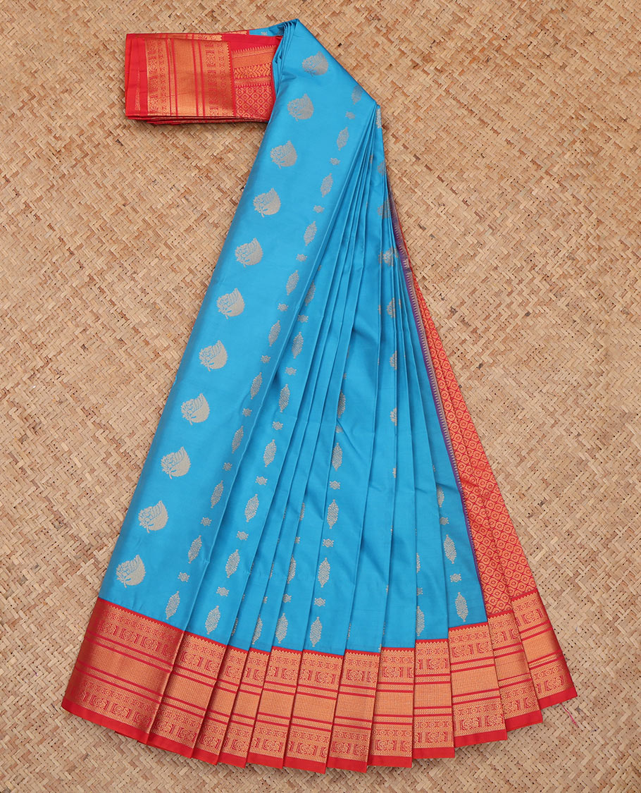 Blue Budget Silk Saree, Adorned with Zari Buttas, a Contrast Traditional Zari Border, Jaal Pallu, and a Contrast Blouse