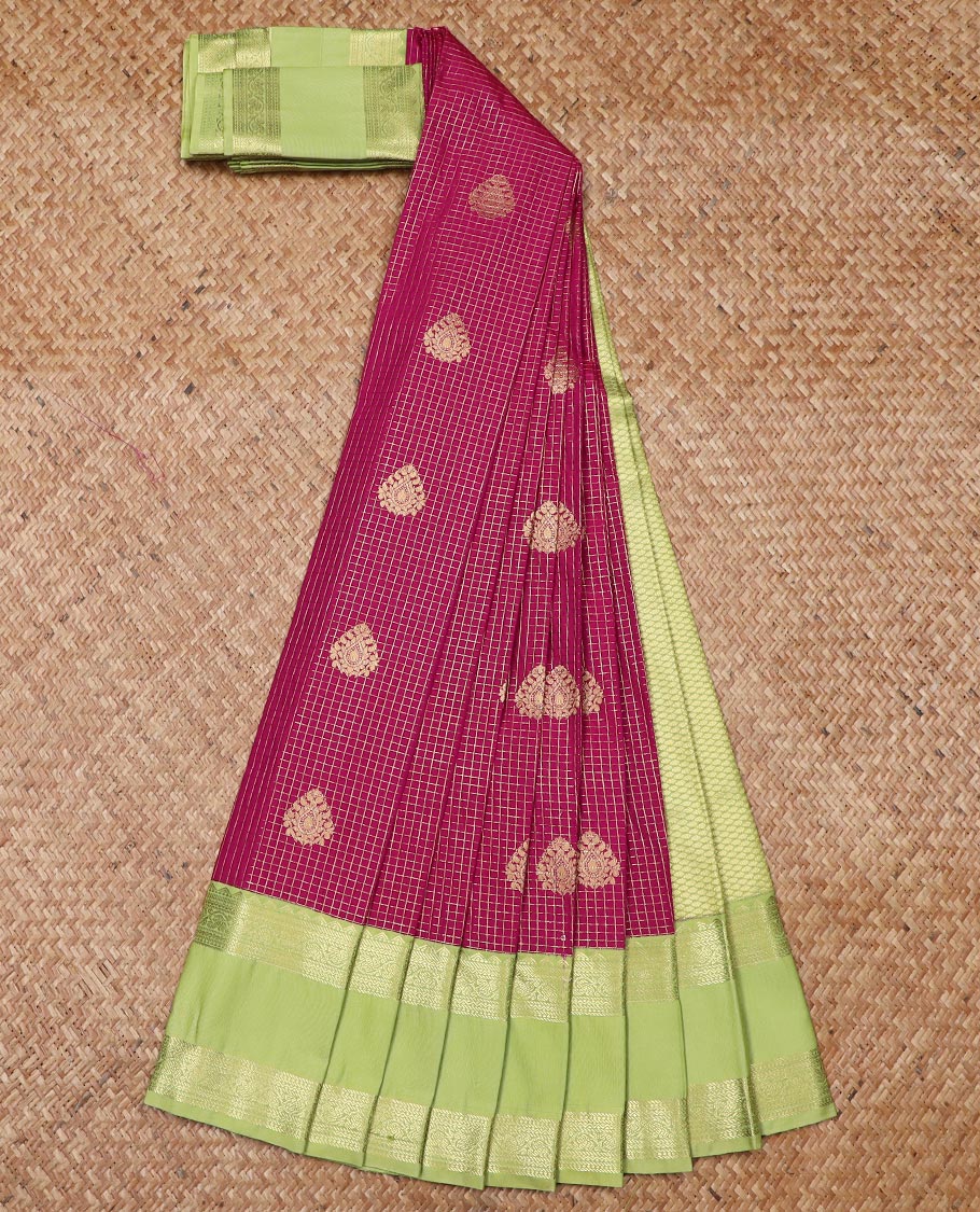Maroon zari buttas and checked gift saree, contrast rettai pettu traditional zari design border, and jaal pallu