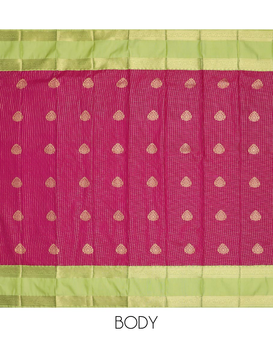 Maroon zari buttas and checked gift saree, contrast rettai pettu traditional zari design border, and jaal pallu