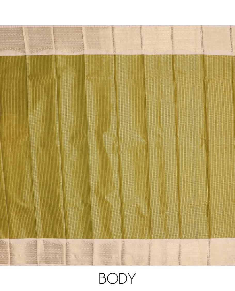 Green micro-checked design gift saree, contrast traditional zari design border, and intricate pallu