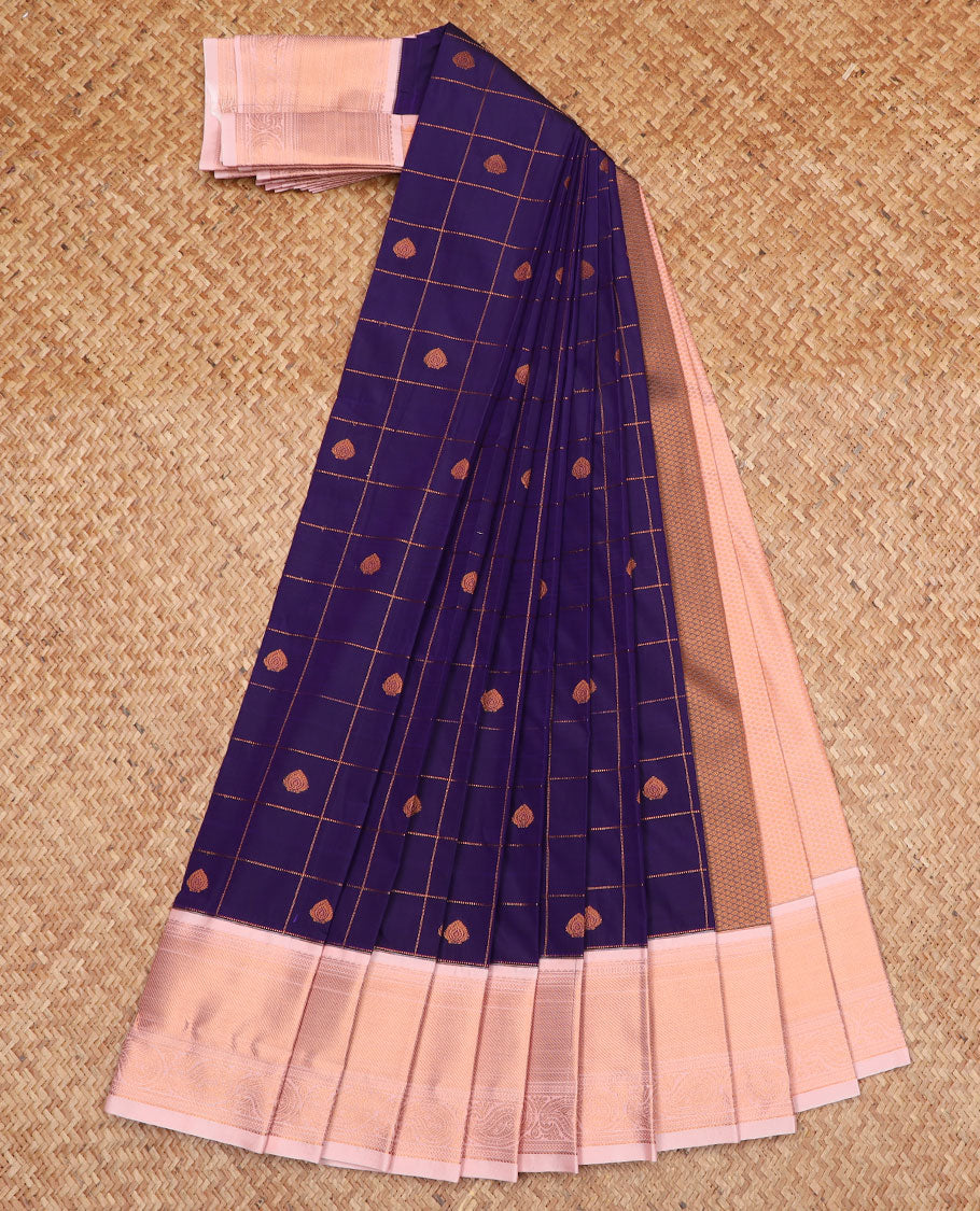 Ink blue zari butta enclosed checked gift saree, contrast traditional zari designs border, and intricate pallu