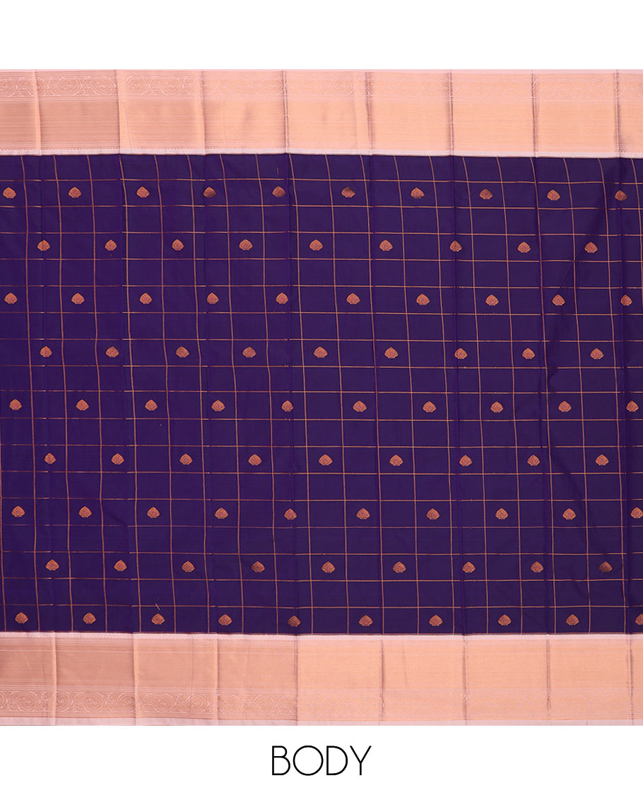 Ink blue zari butta enclosed checked gift saree, contrast traditional zari designs border, and intricate pallu