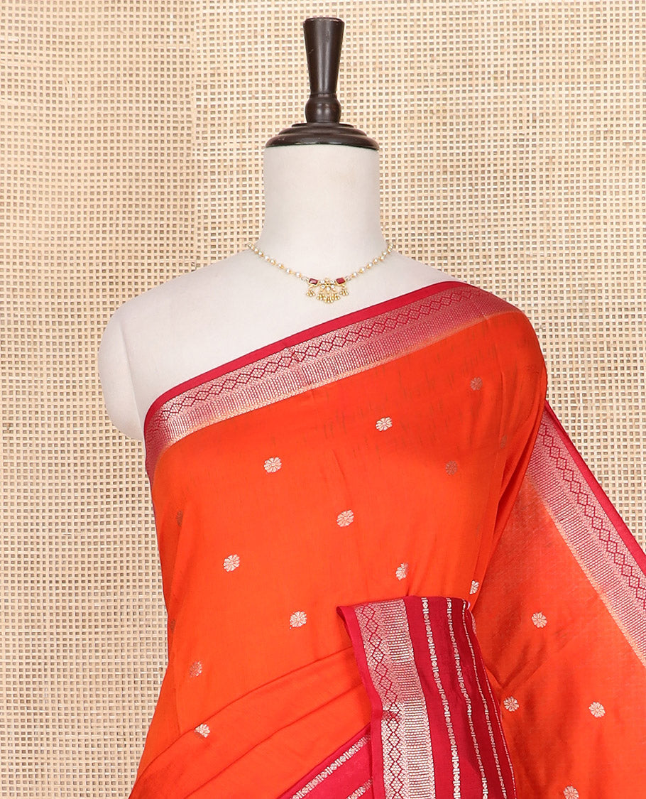 Orange zari buttas Assam silk saree, contrast traditional zari border, and pallu of zari stripes, and buttas