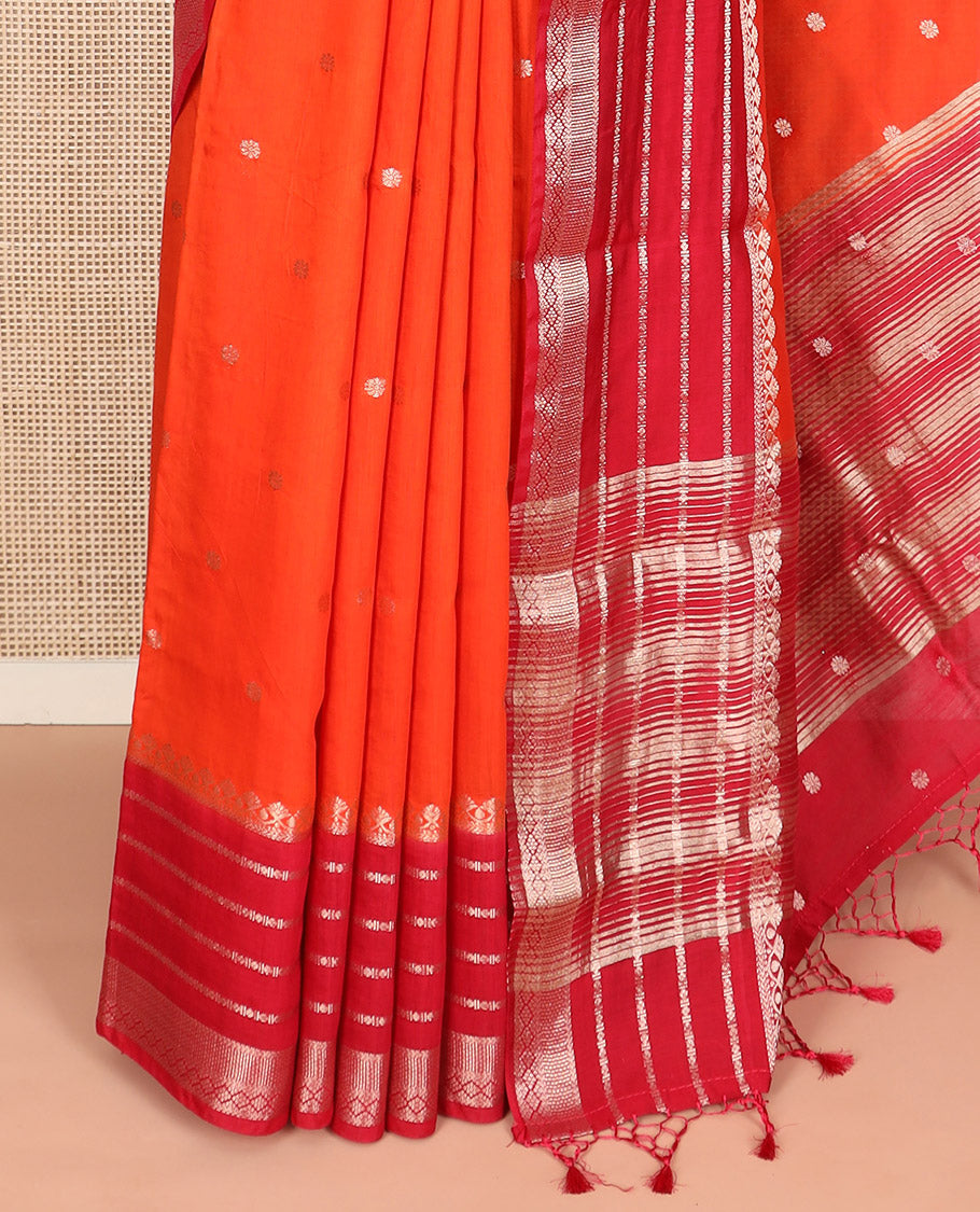 Orange zari buttas Assam silk saree, contrast traditional zari border, and pallu of zari stripes, and buttas