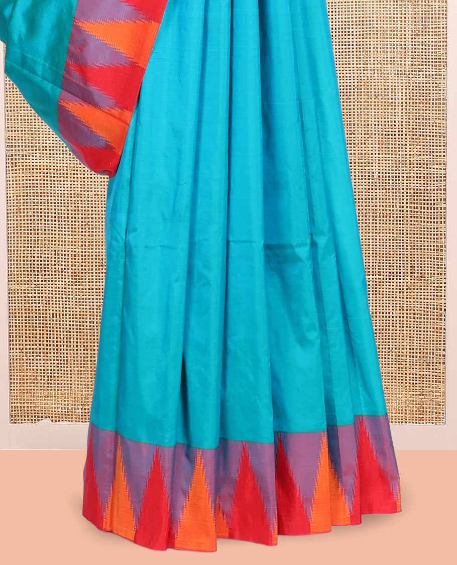 Blue Plain Bangalore Silk Saree, Adorned with a Contrast Temple Border, Striped Pallu, and Contrast Blouse